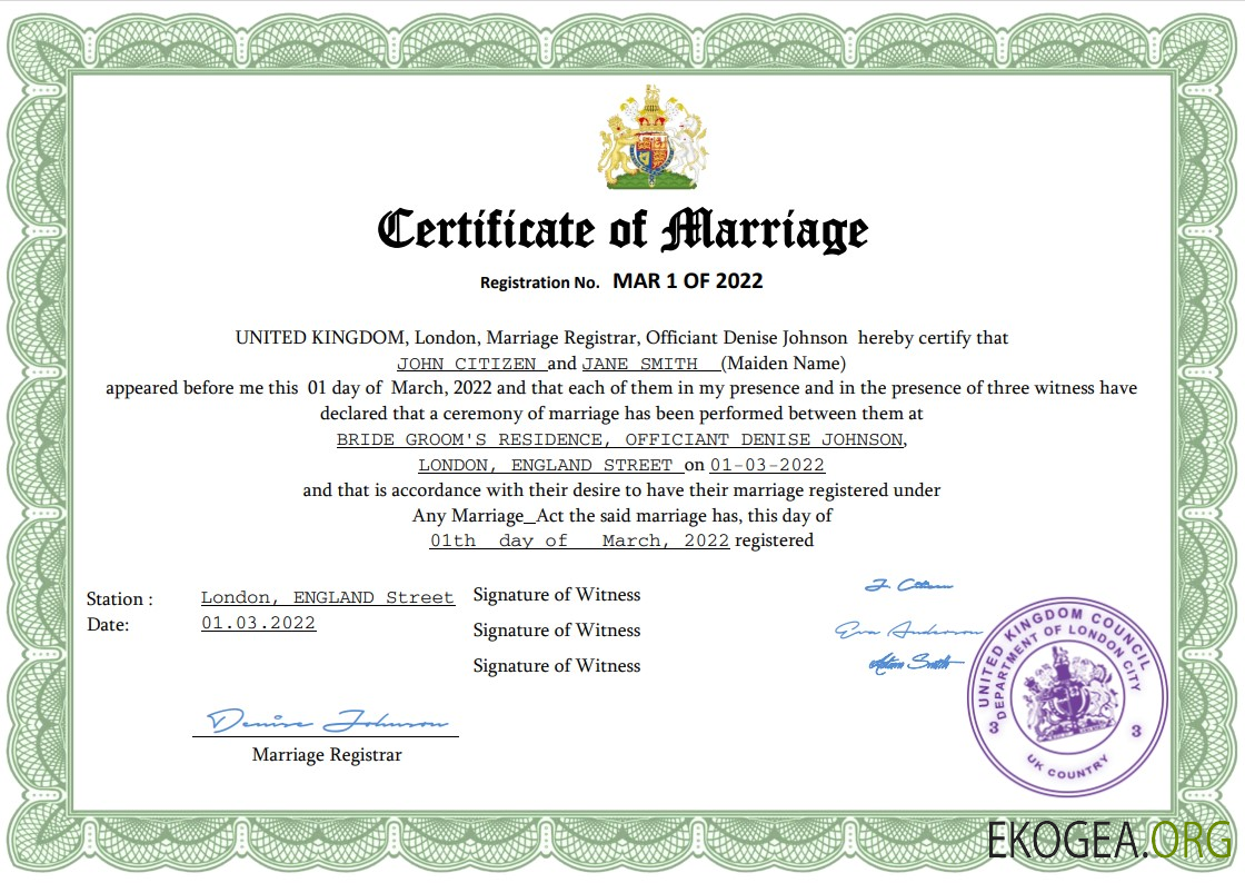 Modèle Word et PDF d'acte de mariage au Royaume Uni